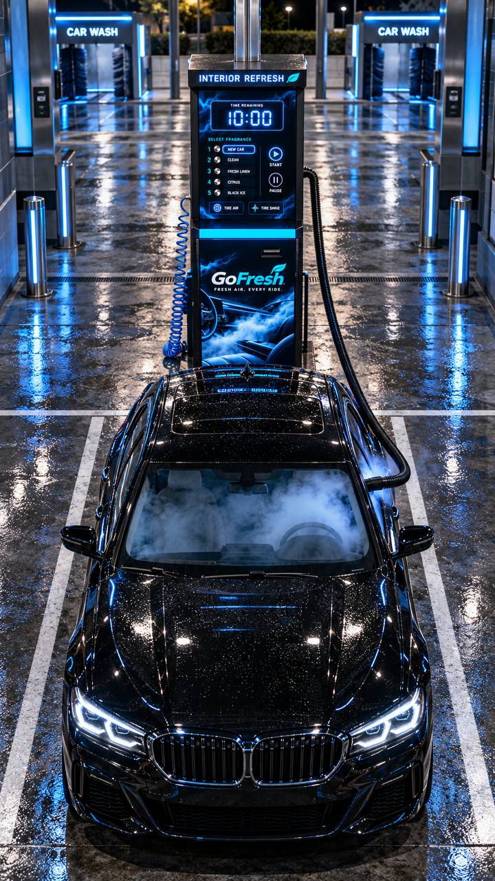 Overhead view of a car parked at a GoFresh machine in a car wash lane